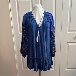 Free People Blue Tunic with Floral Sleeves
